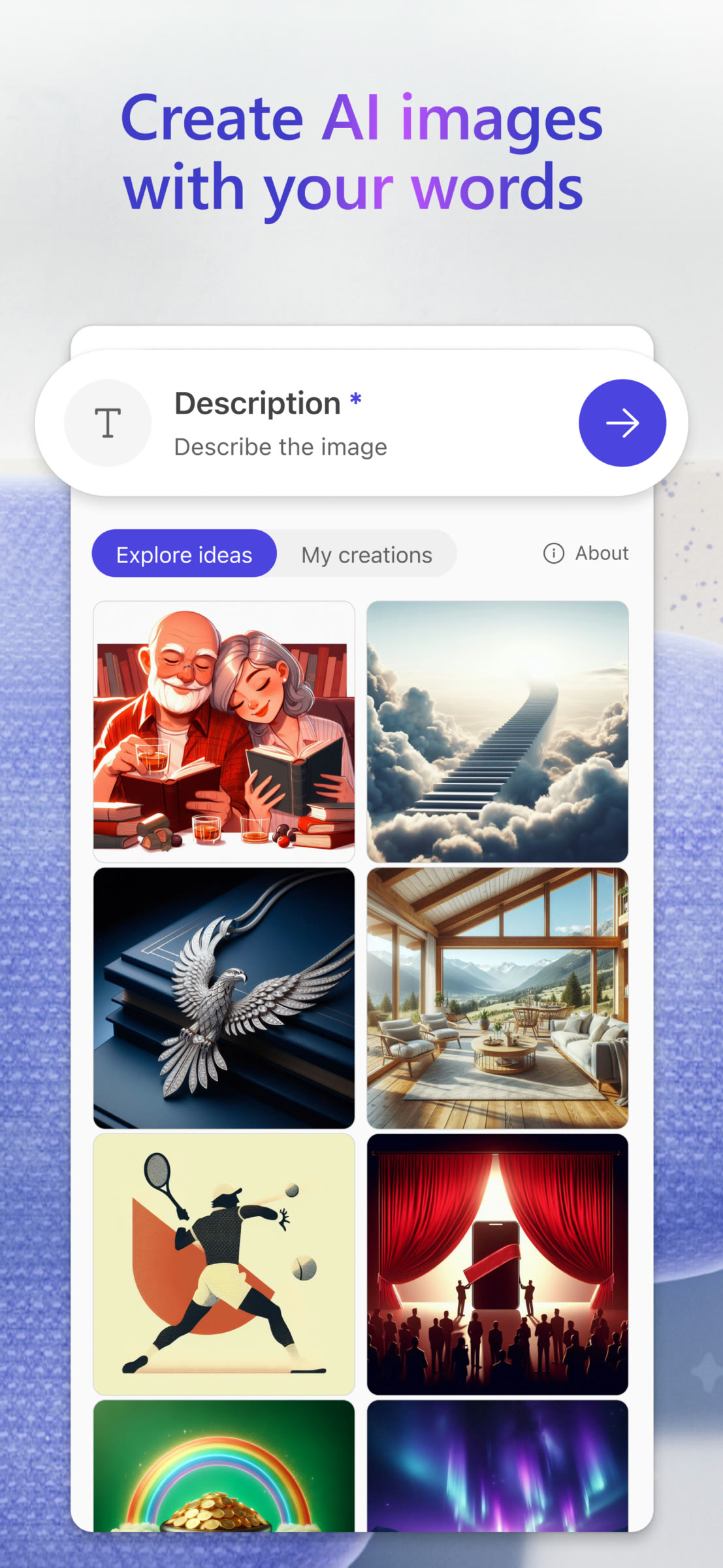 Экран генерации картинок в приложении Microsoft Designer: поле «Describe the image» с круглой кнопкой-стрелкой, вкладки «Explore ideas» и «My creations», сетка примеров