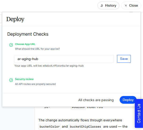 Панель Deploy в Riff с адресом приложения и проверкой защиты API