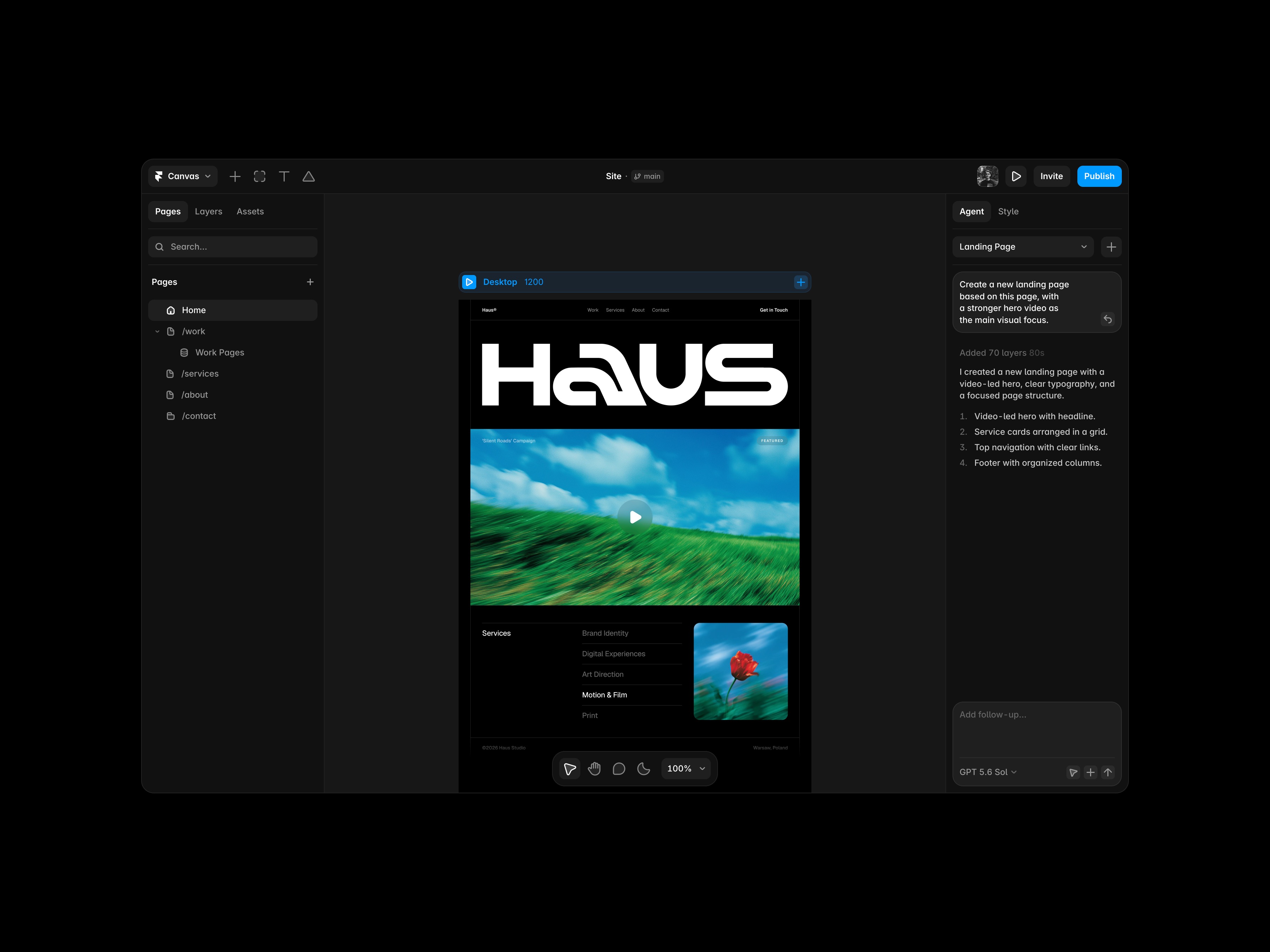 Официальный кадр Framer: страницы слева, макет в центре, переписка с агентом справа