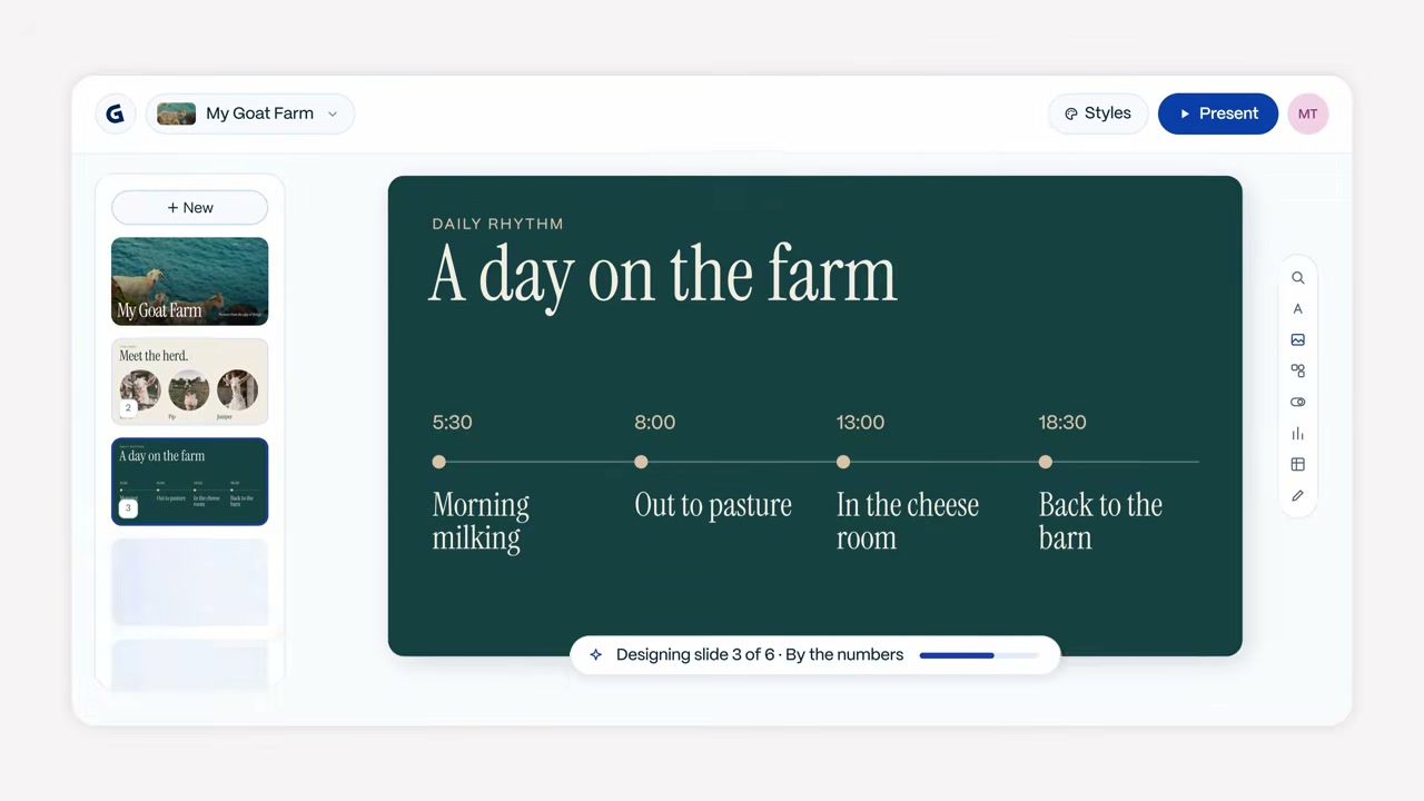 Gamma 5: слева список слайдов My Goat Farm, в центре слайд A day on the farm, сверху Styles и Present