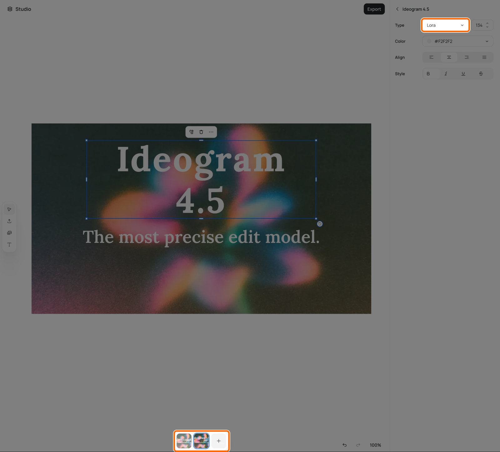 Официальный кадр Studio: надпись Ideogram 4.5 выделена в текстовый слой, справа выбран шрифт Lora