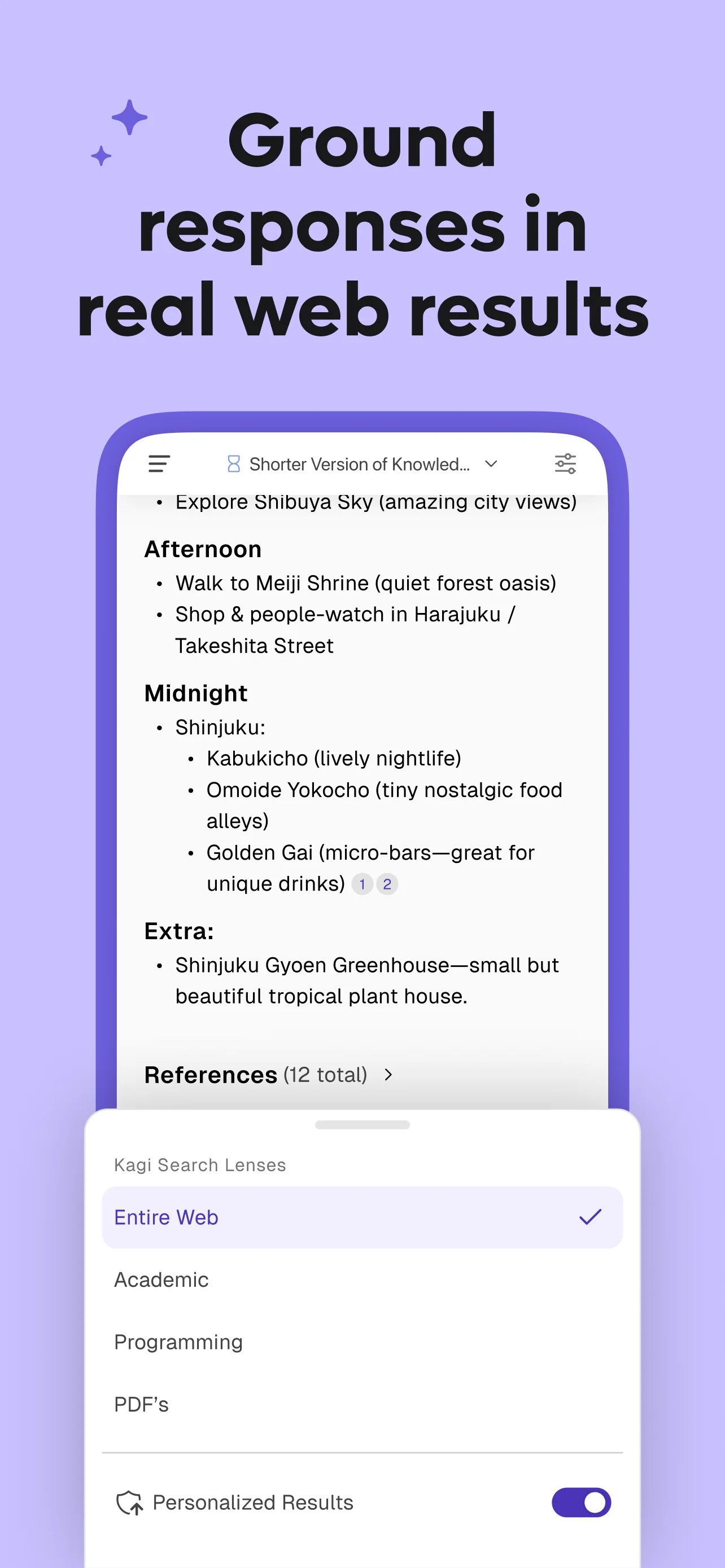 Кадр App Store: ответ со ссылками и выбор линзы поиска