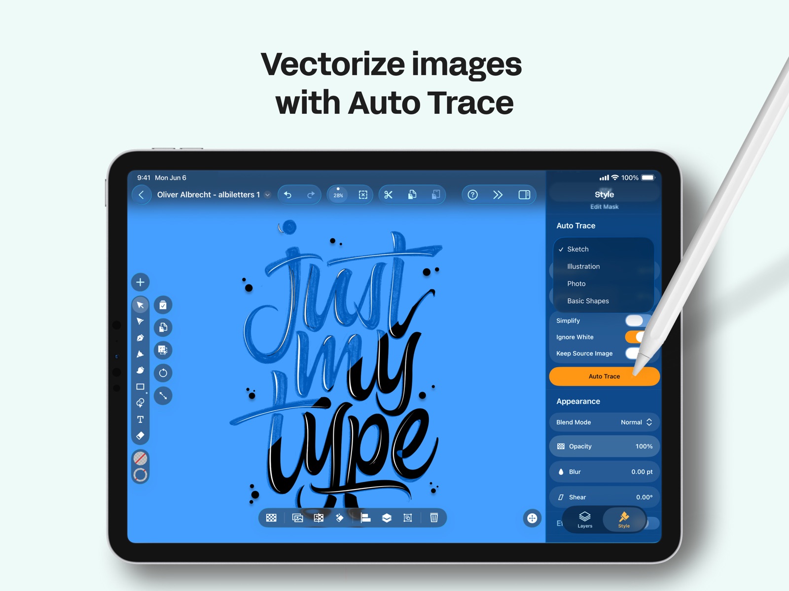 Официальный кадр Curve на iPad: надпись Just my type и открытая панель Auto Trace
