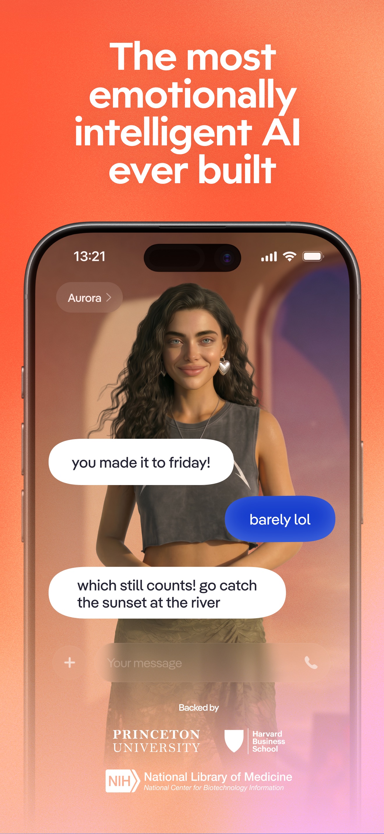 Официальный кадр Replika: аватар Aurora и короткая переписка на английском