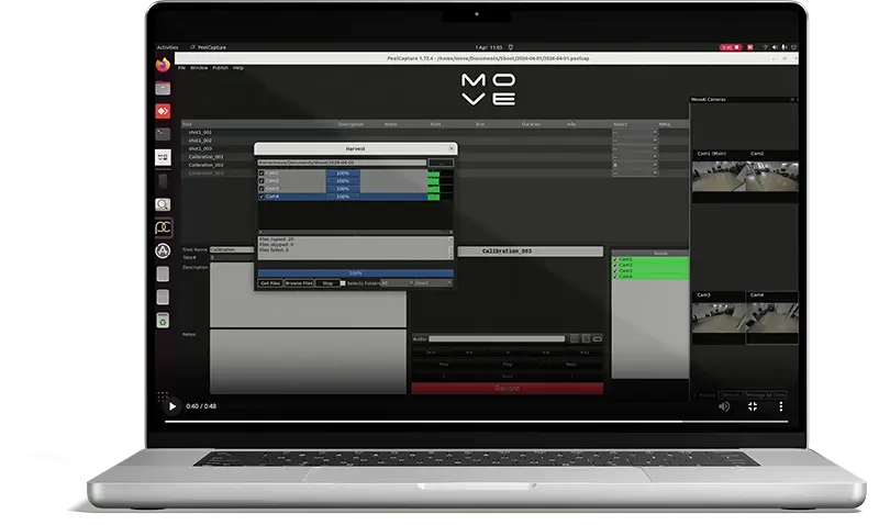 Официальный кадр Peel Capture на ноутбуке: список дублей, окно Harvest и четыре превью камер