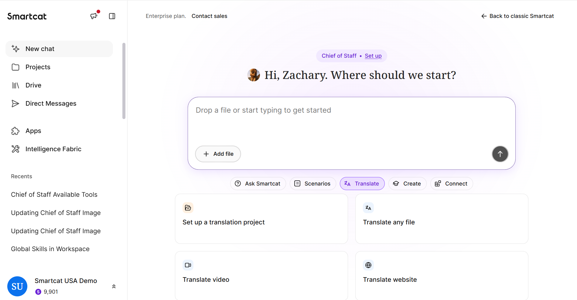 Главная Smartcat: чат Chief of Staff, загрузка файла и список проектов