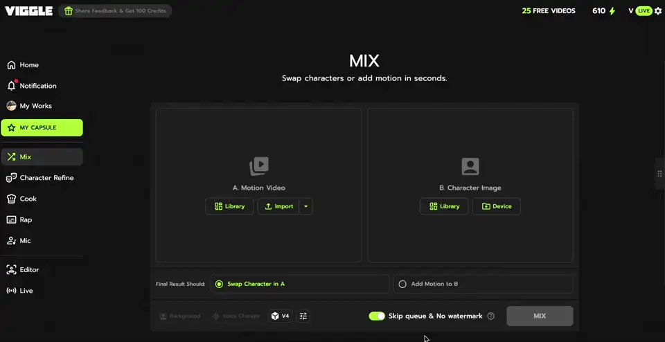 Окно Mix с отдельными зонами Motion Video и Character Image