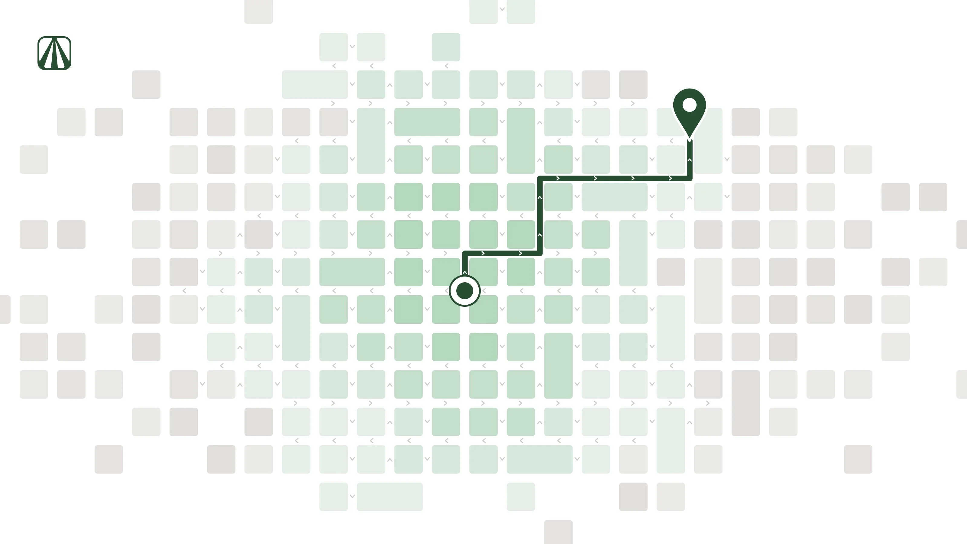 Vals AI illustration: a grid of tiles with a route from a point to a marker, Vals logo