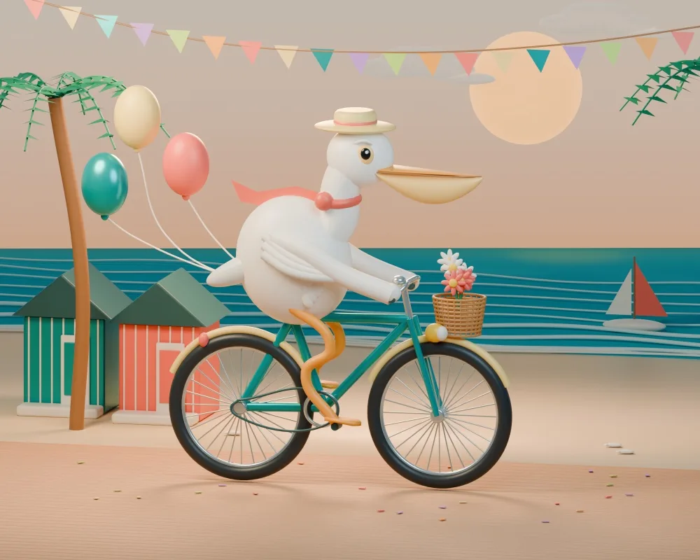 Рендер Blender: пеликан в соломенной шляпе едет на бирюзовом велосипеде по набережной на закате