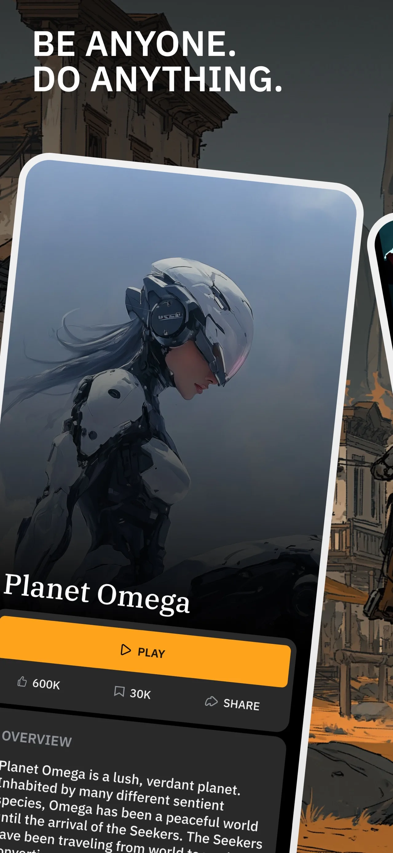 Официальный кадр App Store: сценарий Planet Omega с кнопкой Play и описанием