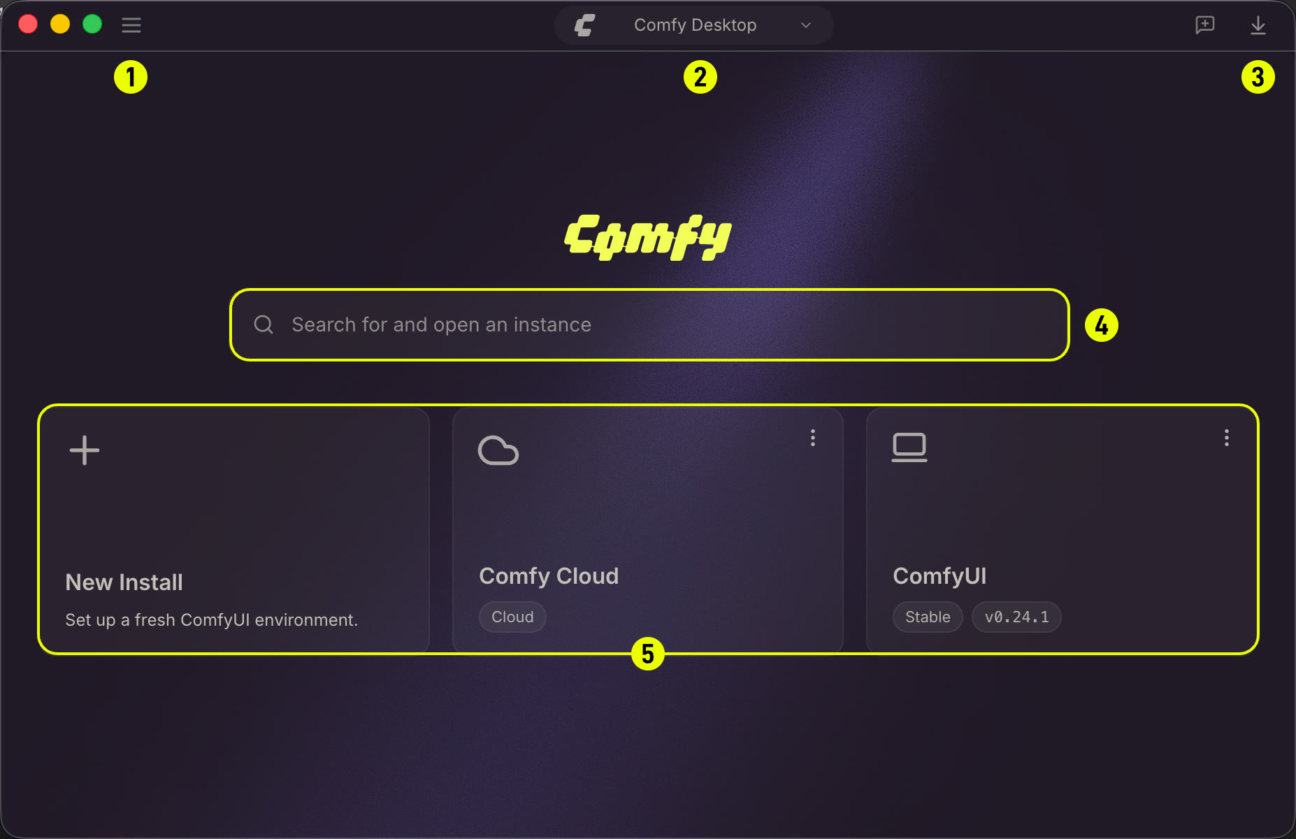 Окно приложения Comfy Desktop на macOS: поле поиска установок и три карточки New Install, Comfy Cloud и ComfyUI с чипами Stable и v0.24.1; жёлтые рамки с цифрами 1–5 нарисовал вендор для инструкции