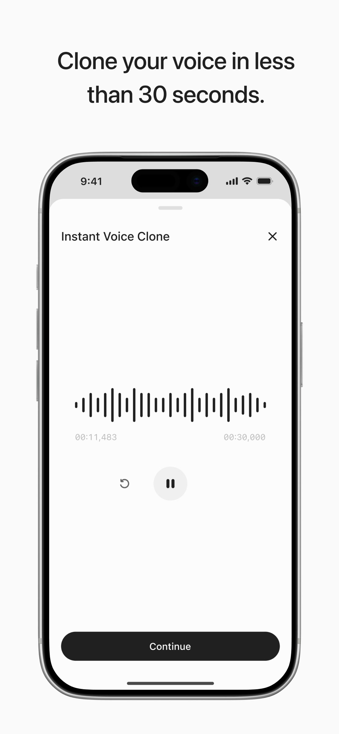 Экран приложения ElevenLabs: шторка Instant Voice Clone с волной записи и таймкодом «00:11,483 / 00:30,000»
