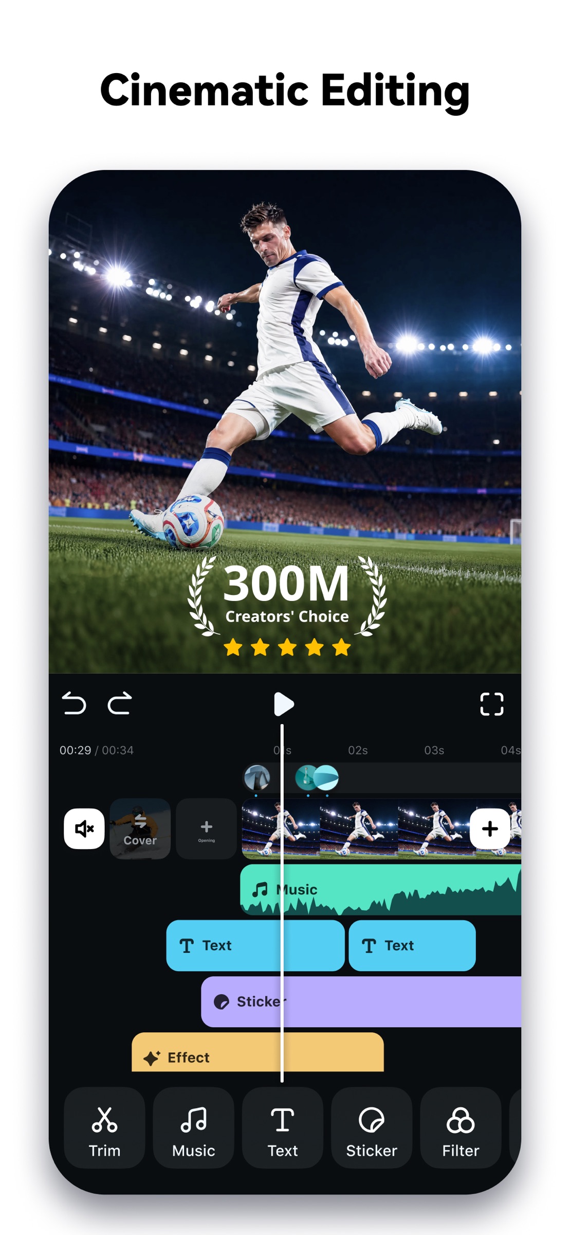Экран телефонного приложения Filmora с витрины App Store: превью с футболистом и печатью «300M Creators’ Choice», дорожки музыки, текста, стикера и эффекта, нижняя панель Trim, Music, Text, Sticker, Filter