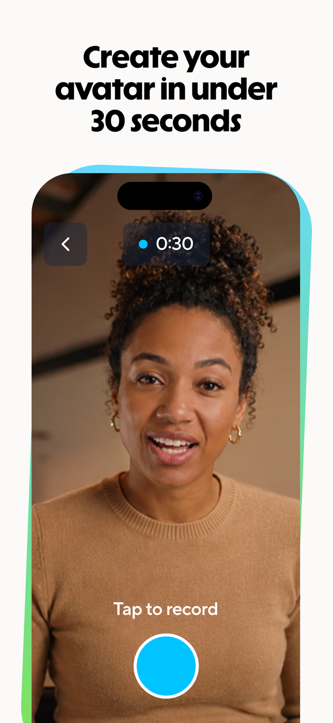 Экран приложения HeyGen для iPhone с витрины App Store: запись своего аватара, таймер 0:30, лицо женщины во весь экран, подпись «Tap to record» и круглая кнопка записи; слоган «Create your avatar in under 30 seconds»