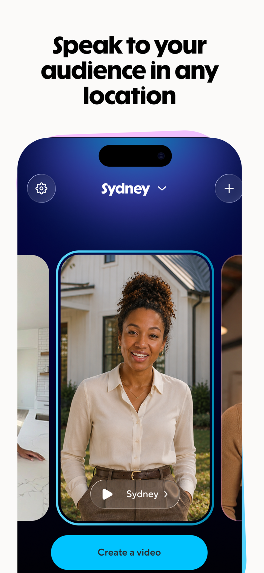 Экран приложения HeyGen для iPhone: выбор образа аватара Sydney, карусель карточек, капсула с кнопкой воспроизведения и широкая кнопка «Create a video»; слоган «Speak to your audience in any location»