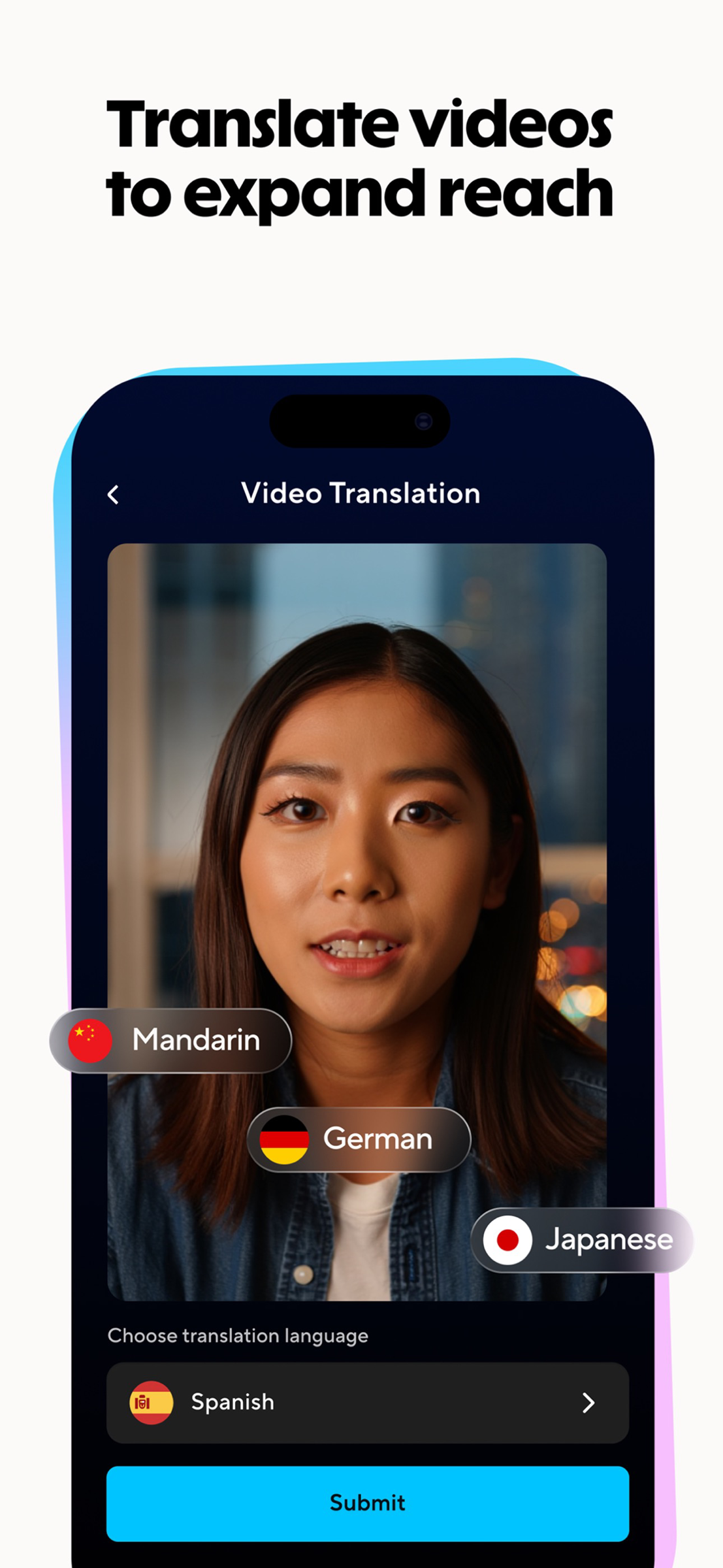 Экран «Video Translation» в приложении HeyGen для iPhone: превью вертикального ролика, всплывающие капсулы с флагами Mandarin, German и Japanese, строка выбора Spanish и кнопка «Submit»; слоган «Translate videos to expand reach»