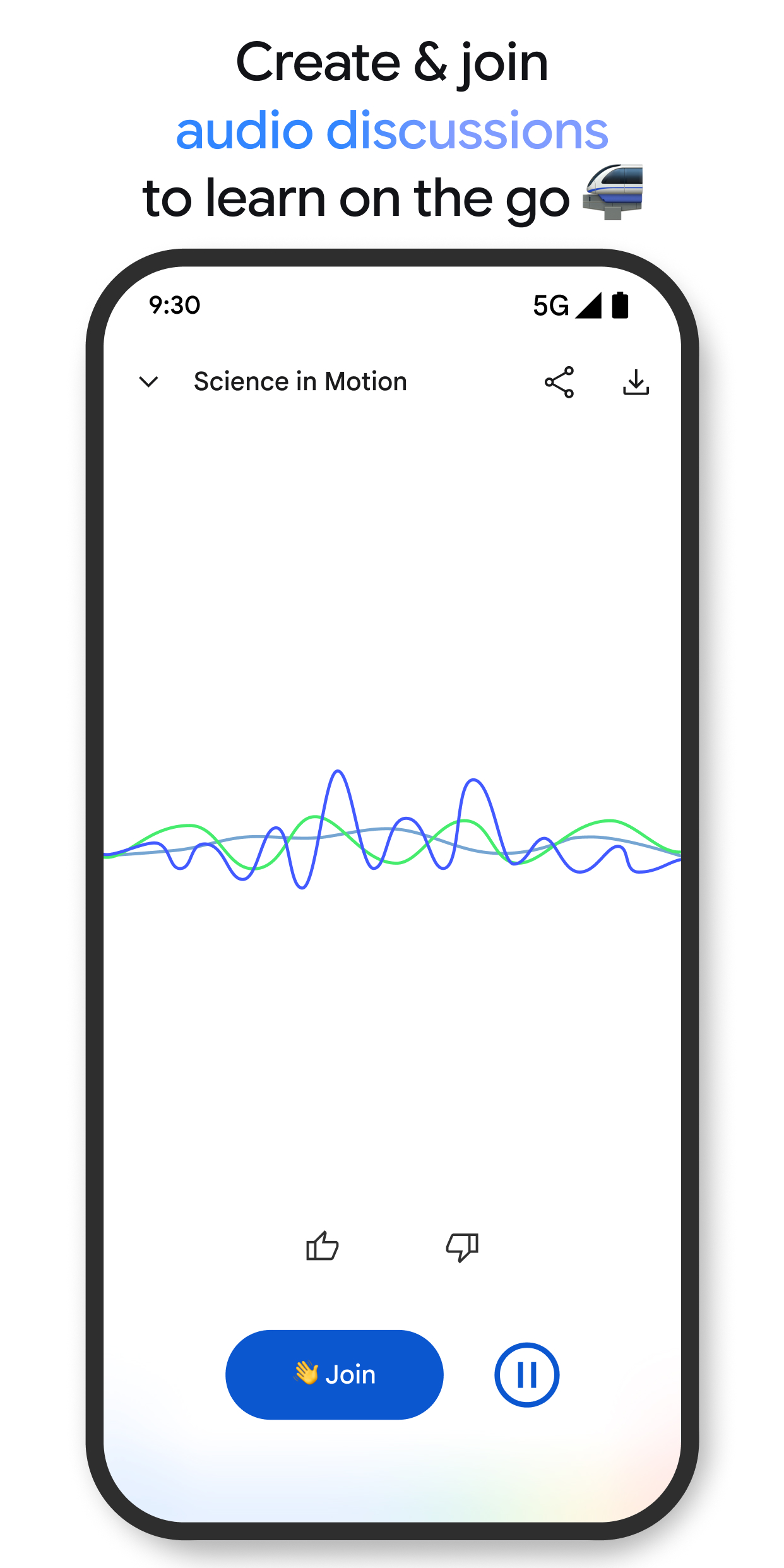 Рекламная плитка витрины Google Play: проигрывание аудиообзора в приложении Gemini Notebook со звуковой волной, кнопками оценки, паузой и синей кнопкой Join