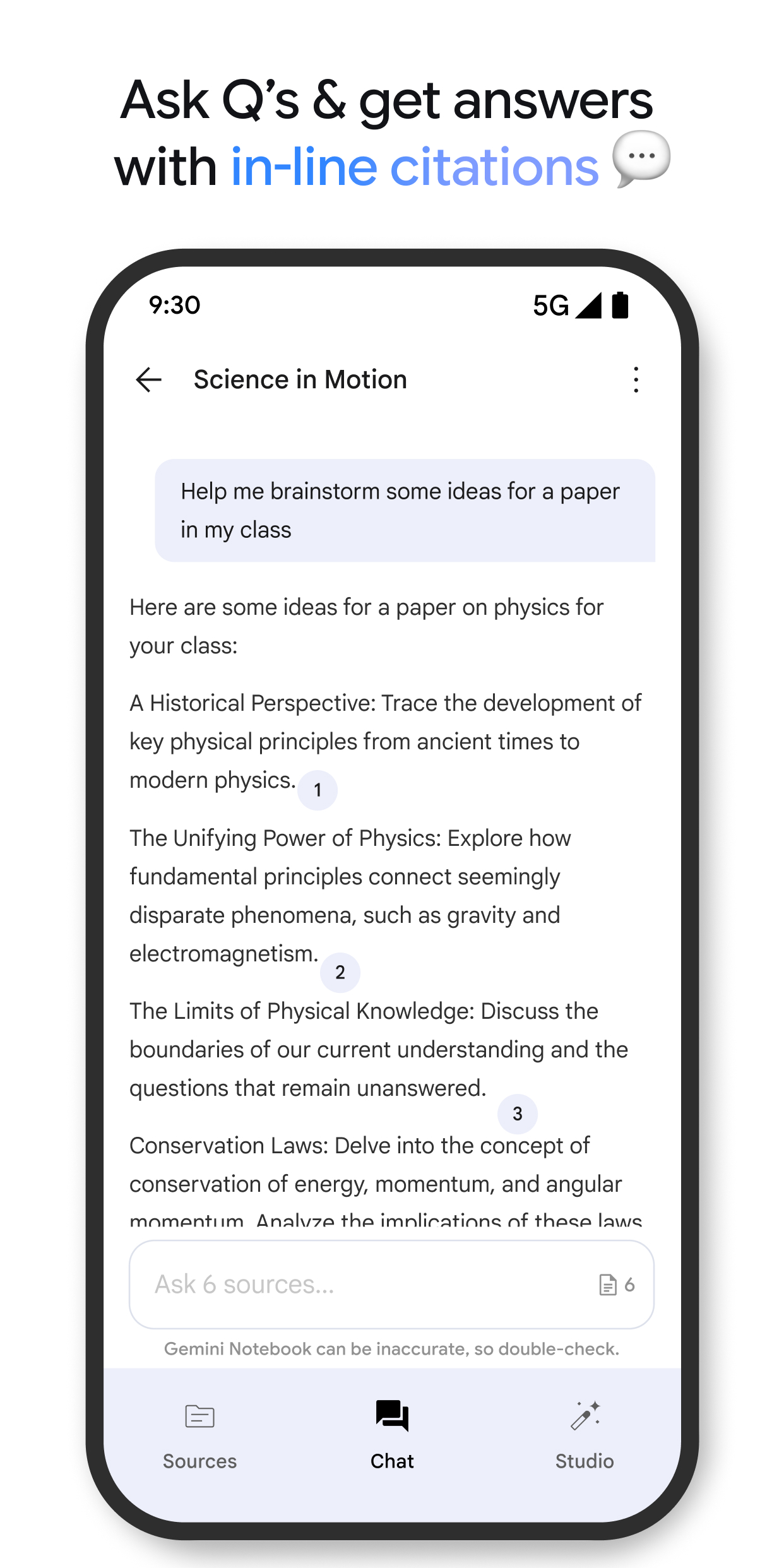 Рекламная плитка витрины Google Play: чат в приложении Gemini Notebook по блокноту Science in Motion с ответом и номерными сносками, поле Ask 6 sources и нижняя навигация Sources, Chat, Studio