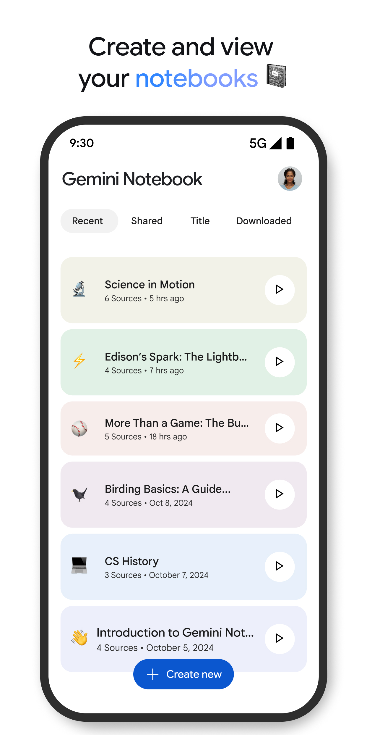 Рекламная плитка витрины Google Play: экран списка блокнотов в приложении Gemini Notebook с вкладками Recent, Shared, Title и Downloaded, шесть цветных карточек блокнотов с числом источников и кнопка Create new