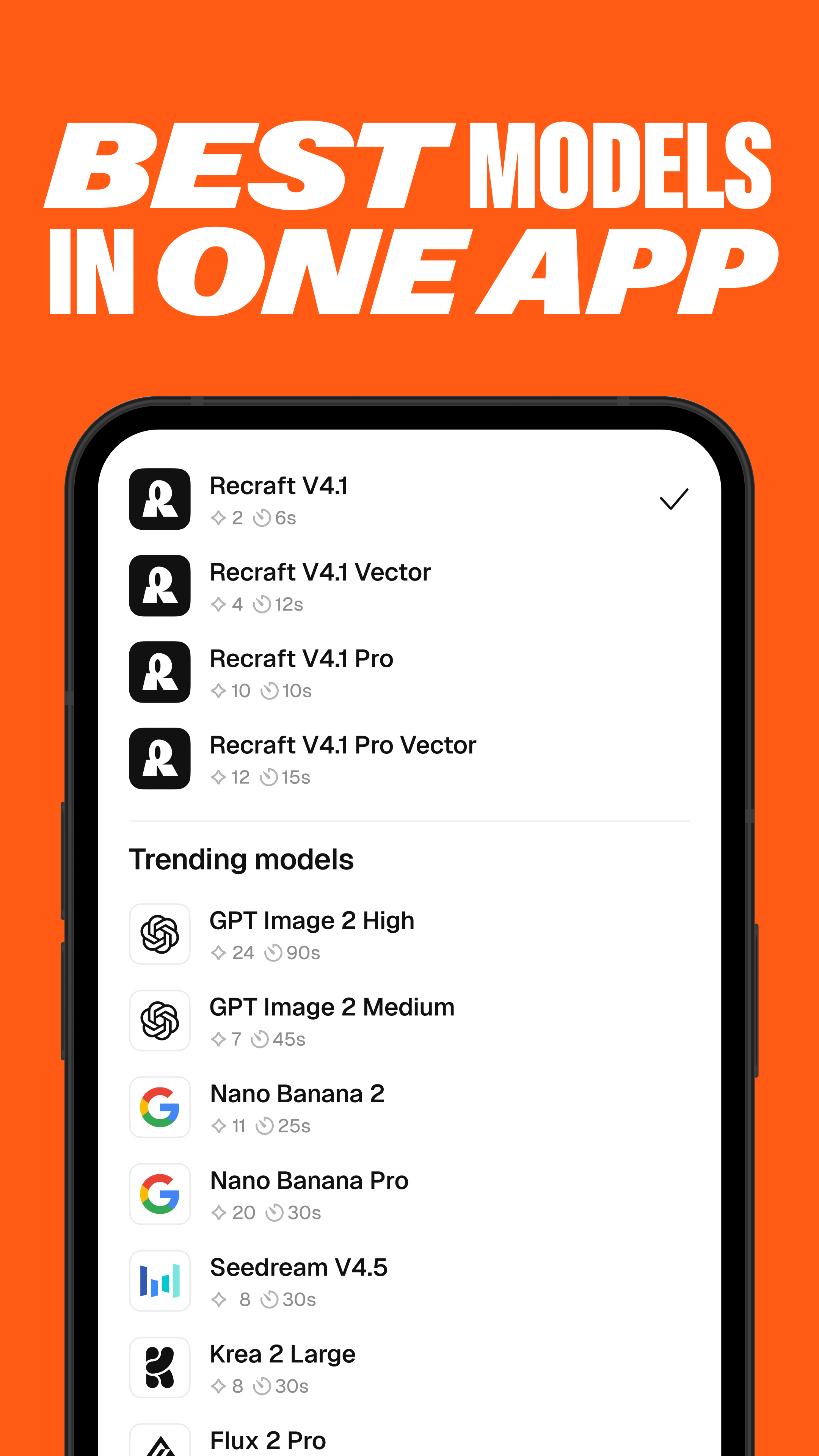 Экран выбора модели в приложении Recraft для Android: Recraft V4.1 за 2 кредита и 6 секунд, V4.1 Vector за 4, V4.1 Pro за 10, V4.1 Pro Vector за 12, ниже блок Trending models с GPT Image 2, Nano Banana 2 и Pro, Seedream V4.5, Krea 2 Large, Flux 2 Pro