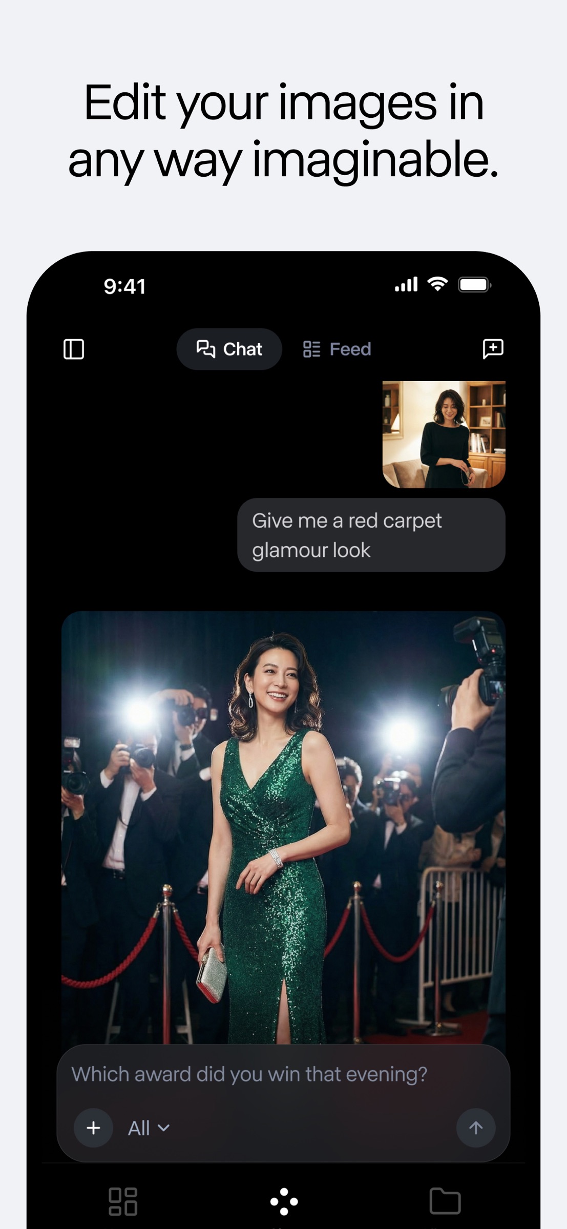 Экран приложения Runway в чате: реплика «Give me a red carpet glamour look» с фото, результат с женщиной в зелёном платье на красной дорожке, переключатель Chat / Feed
