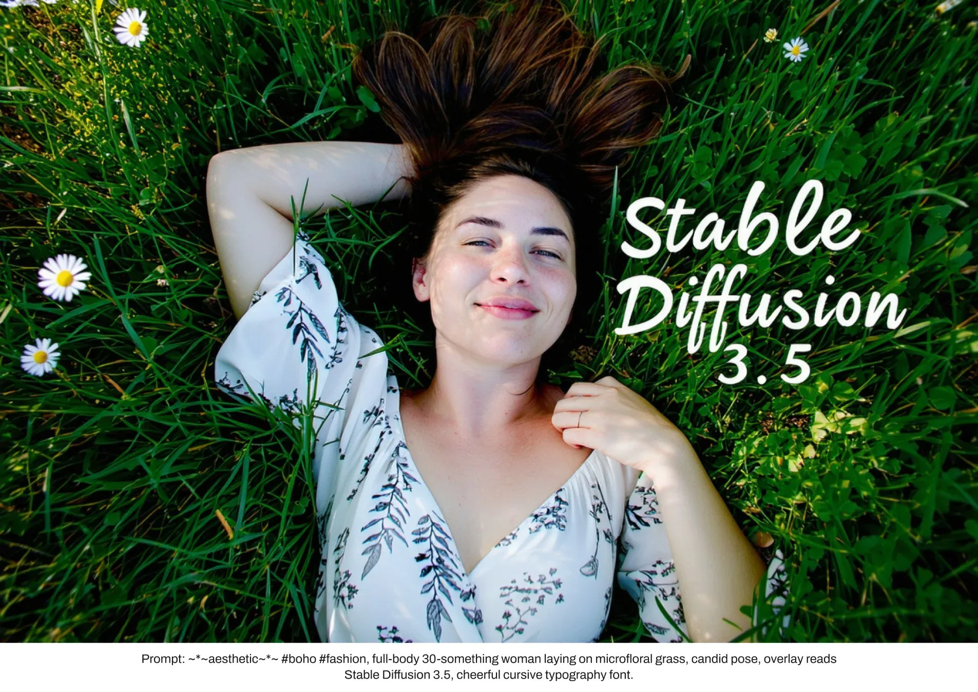 Картинка Stable Diffusion 3.5: женщина лежит в траве с ромашками, поверх курсивная надпись «Stable Diffusion 3.5», внизу полоса с промптом