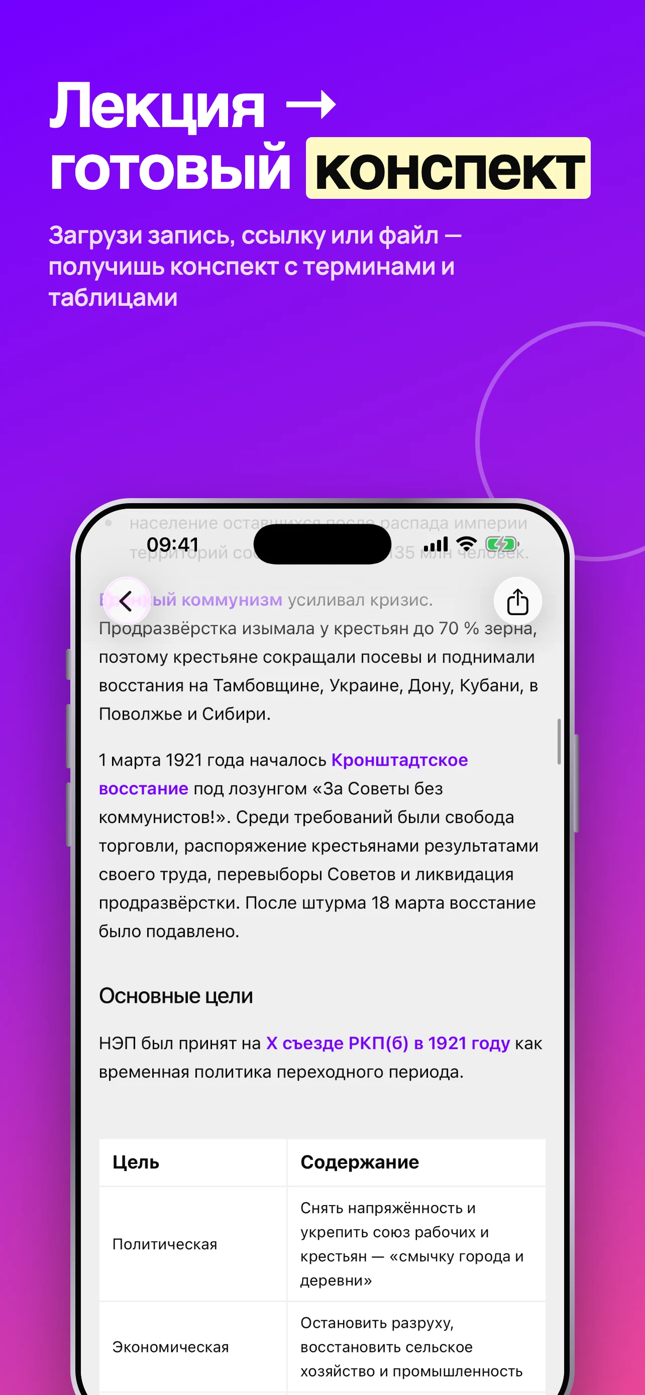 Экран приложения «Зачёт»: конспект лекции про НЭП с выделенными терминами, разделом «Основные цели» и таблицей «Цель · Содержание»